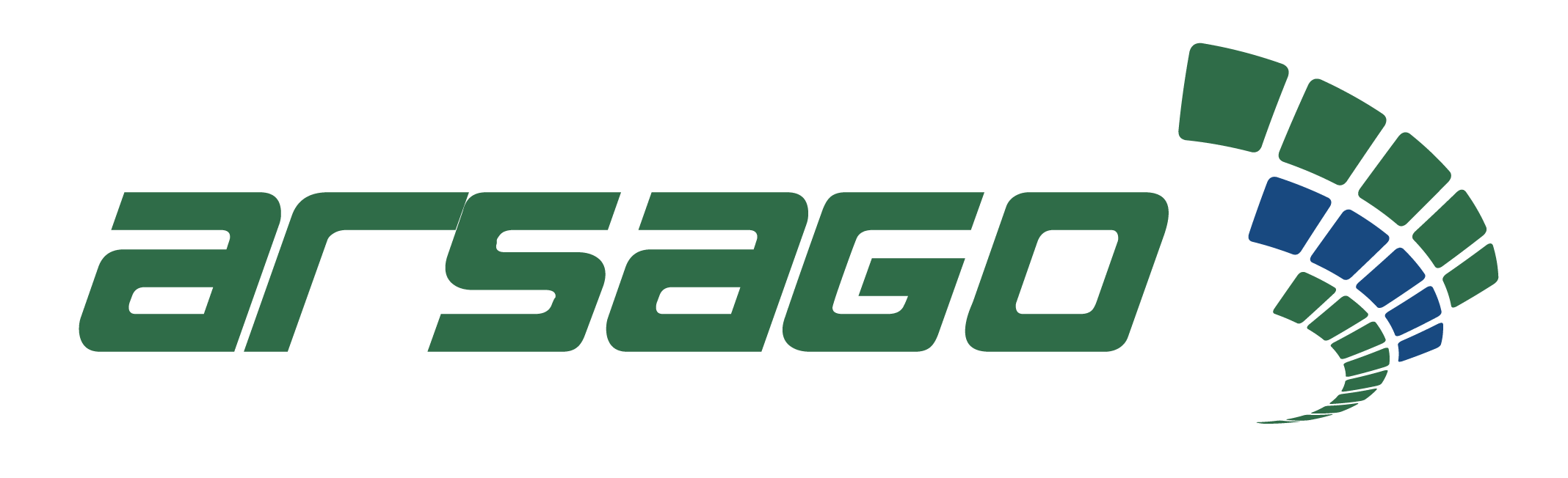 Logotipo de Arsago ERP: nombre arsago en verde con icono de abanico en verde y azul
